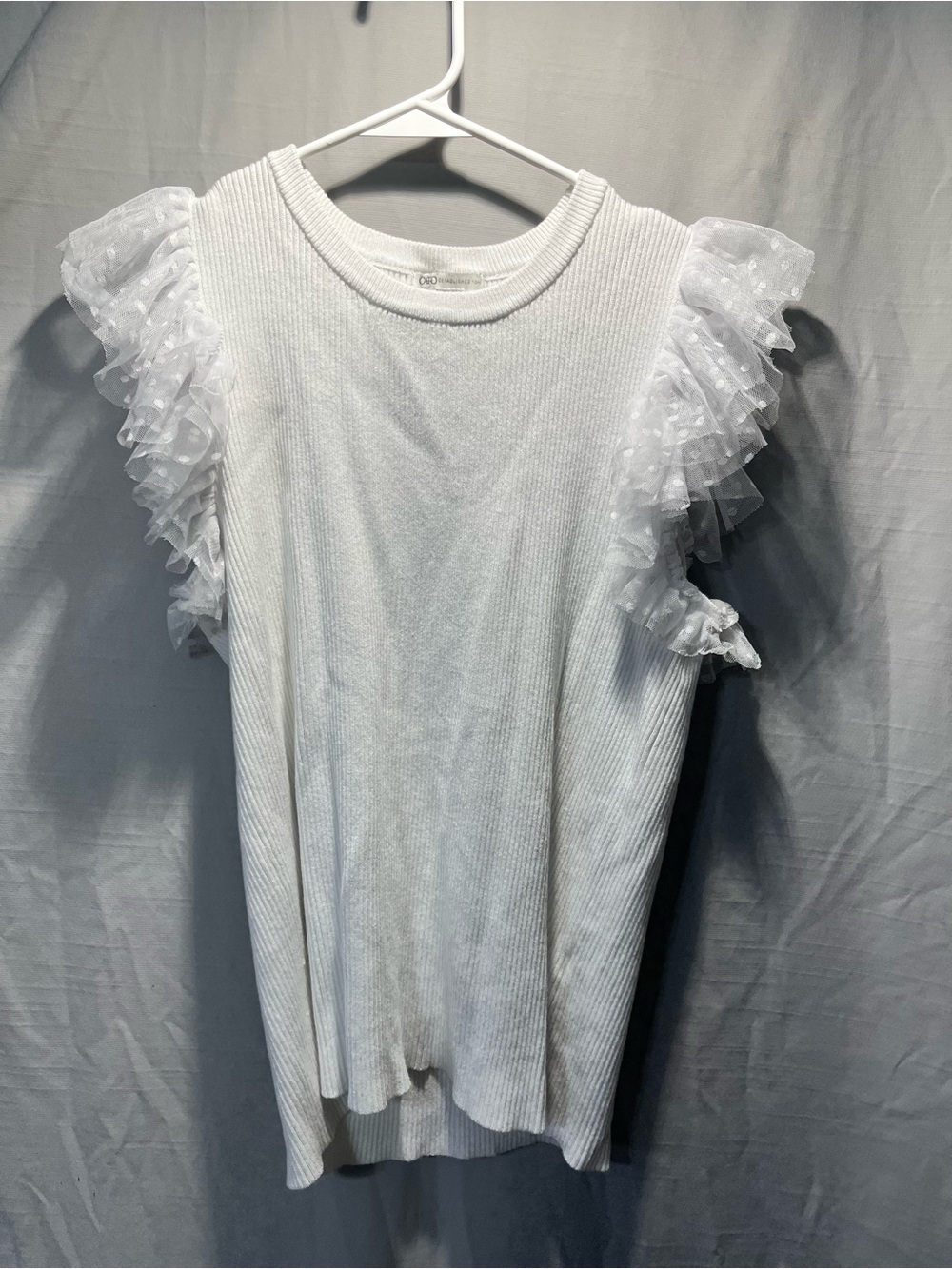 Cato White Ribbed Tank with Ruffle Tulle Sleeves